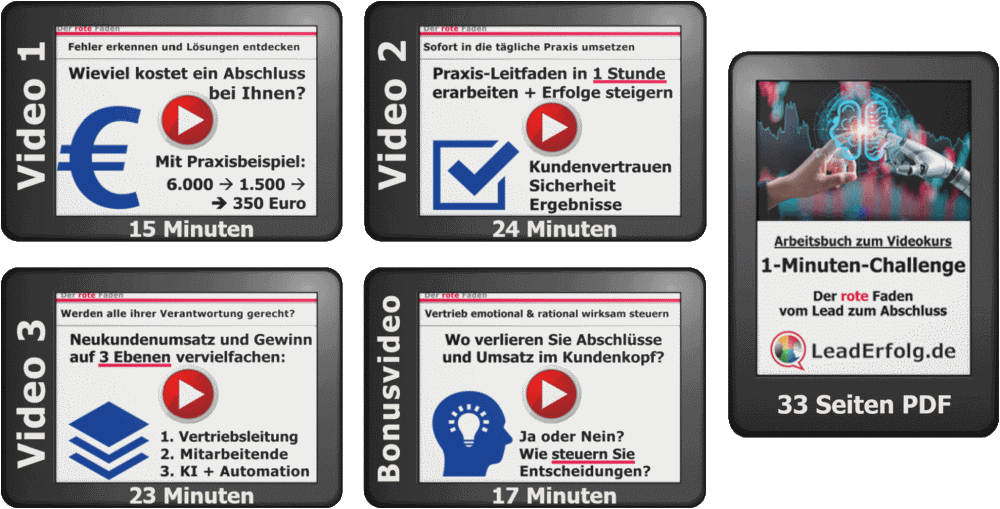Videokurs für Vertriebsleitung und Mitarbeitende: Der rote Faden vom Lead zum Abschluss mit 4 Videos (79 Min. Laufzeit) + 1 Arbeitsbuch "Die 1-Minuten-Challenge"